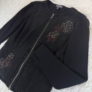 Vintage Classiques Entier Black Leather Suede Knit Embellished Cardigan Small
